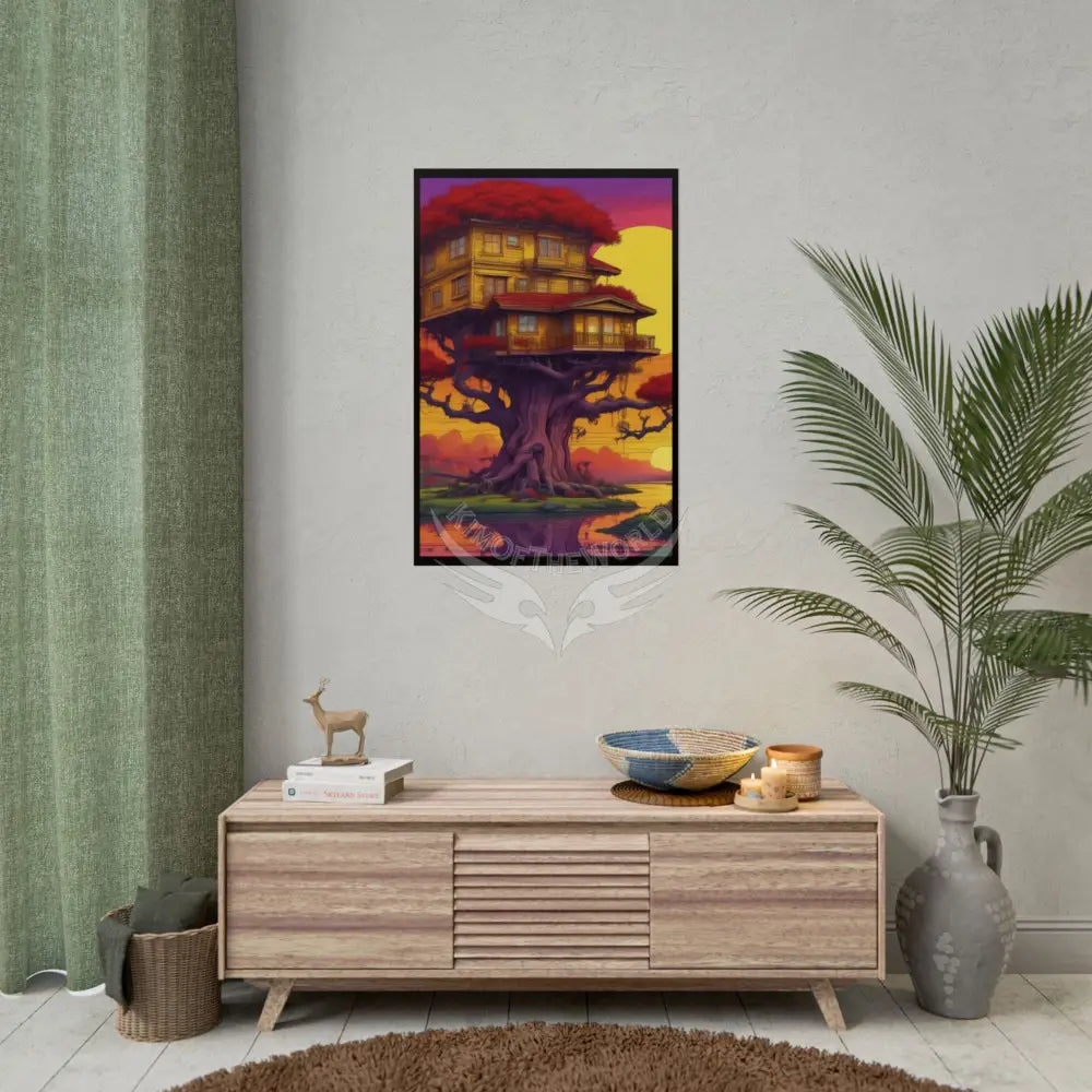 Funky Synthwave Sunset Tree House Rolled Poster — Cool Whimsical Treehouse Art Print Poster