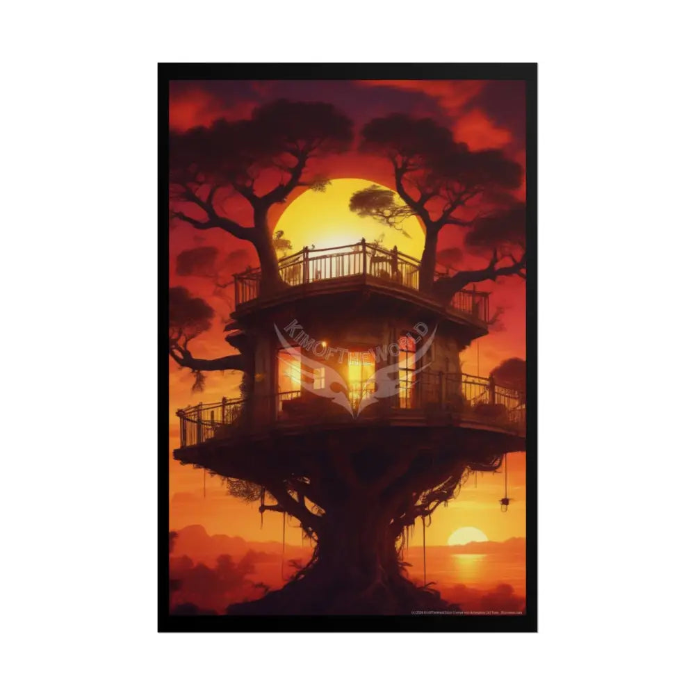 Funky Synthwave Sunset Tree House Rolled Poster — Cool Whimsical Treehouse Art Print 24’’ x 36’’ (Vertical) / Matte