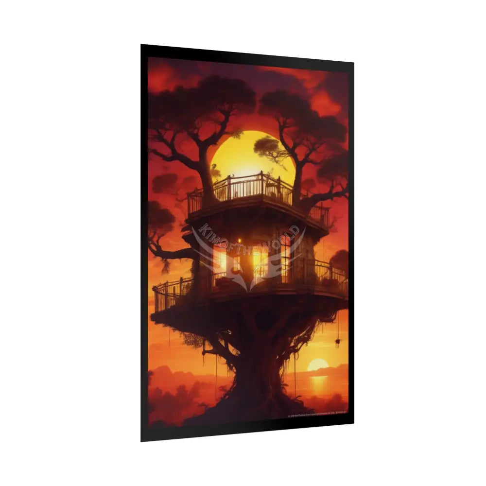 Funky Synthwave Sunset Tree House Rolled Poster — Cool Whimsical Treehouse Art Print Poster