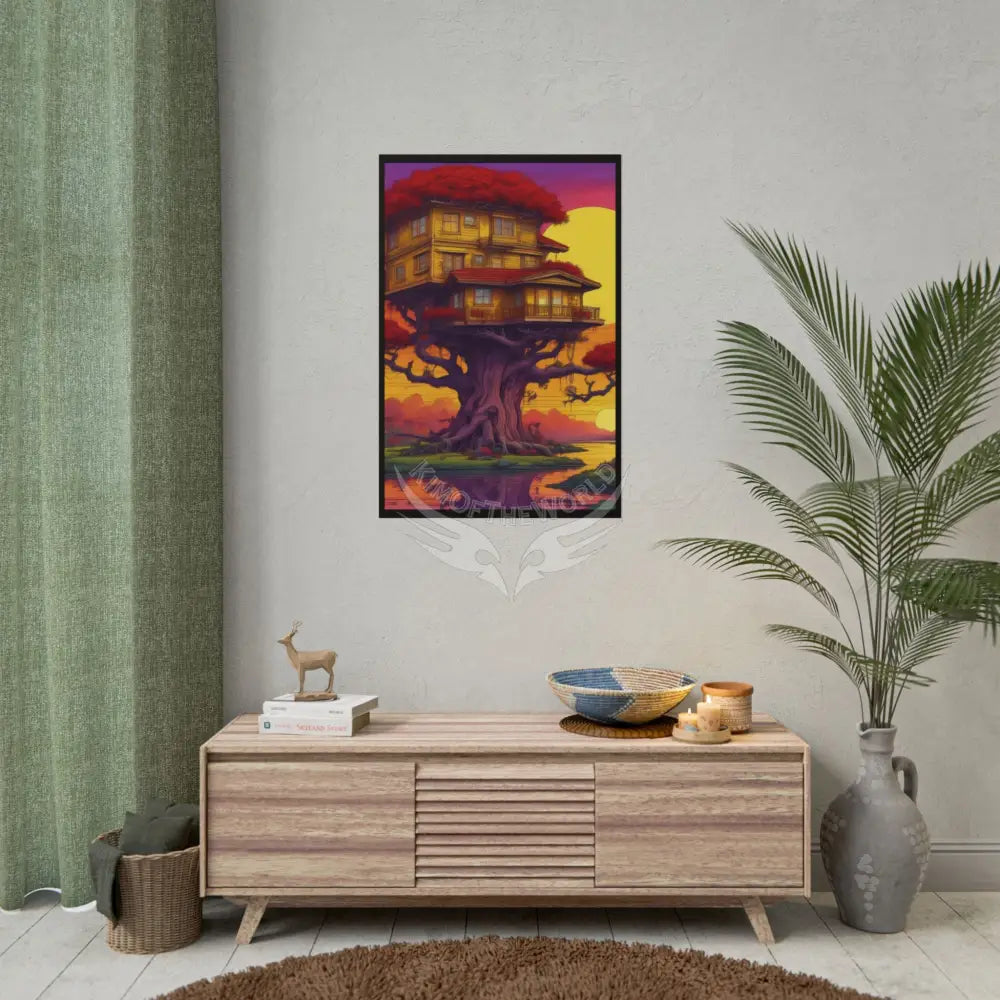 Funky Synthwave Sunset Tree House Rolled Poster — Cool Whimsical Treehouse Art Print Poster