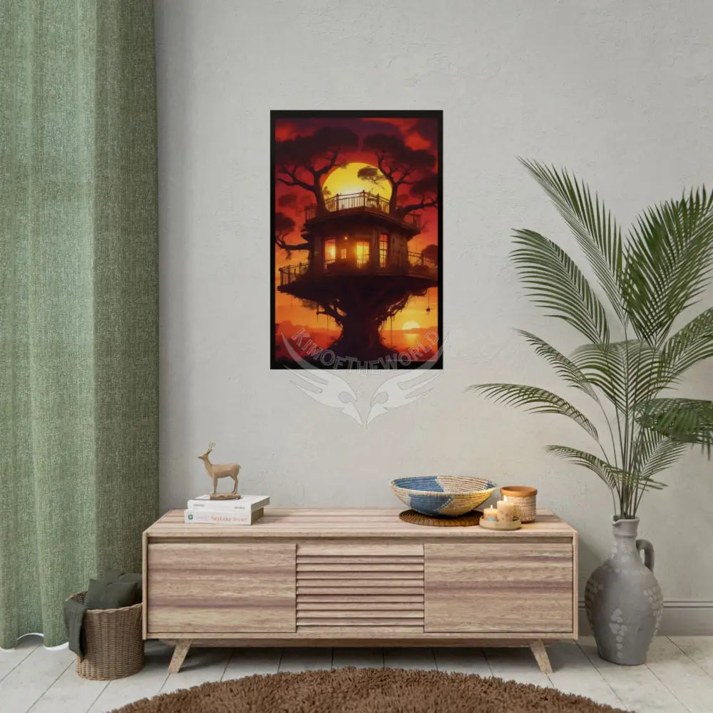 Funky Synthwave Sunset Tree House Rolled Poster — Cool Whimsical Treehouse Art Print Poster