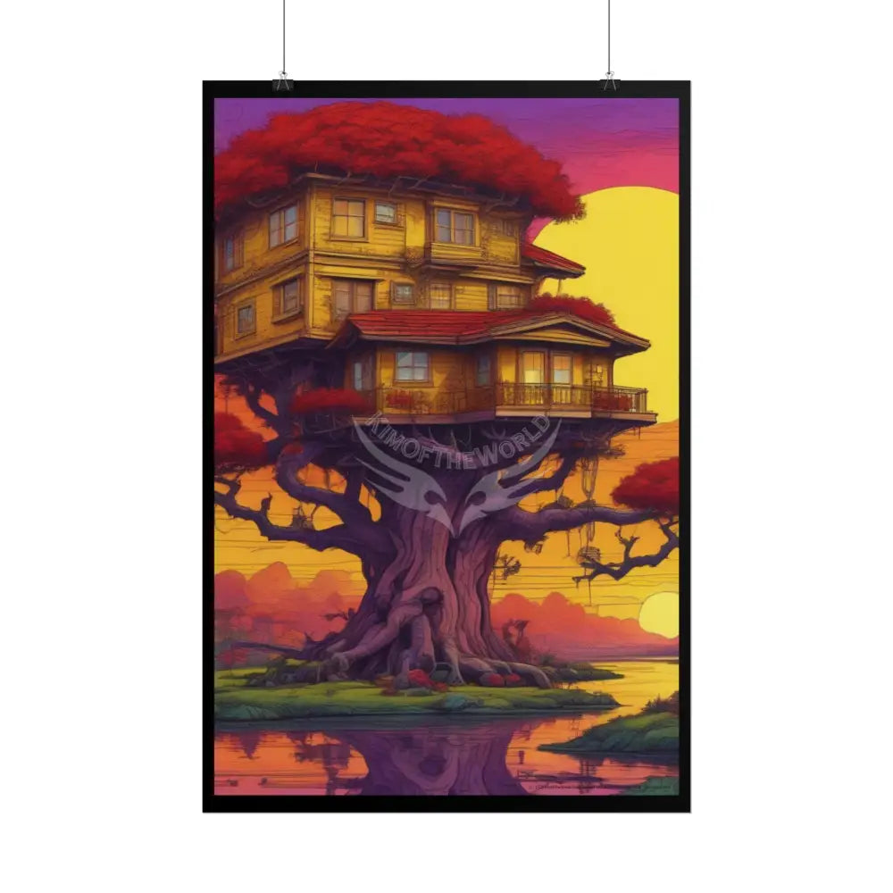 Funky Synthwave Sunset Tree House Rolled Poster — Cool Whimsical Treehouse Art Print Poster