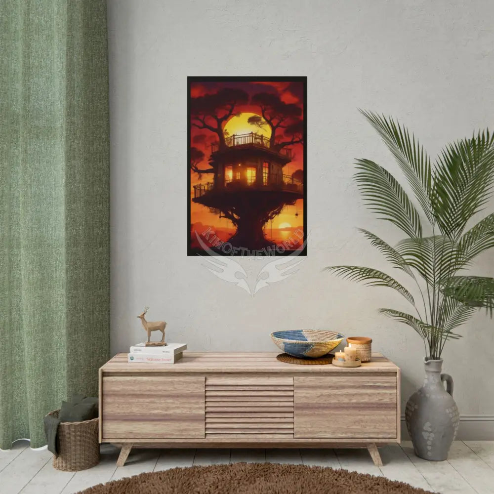 Funky Synthwave Sunset Tree House Rolled Poster — Cool Whimsical Treehouse Art Print Poster