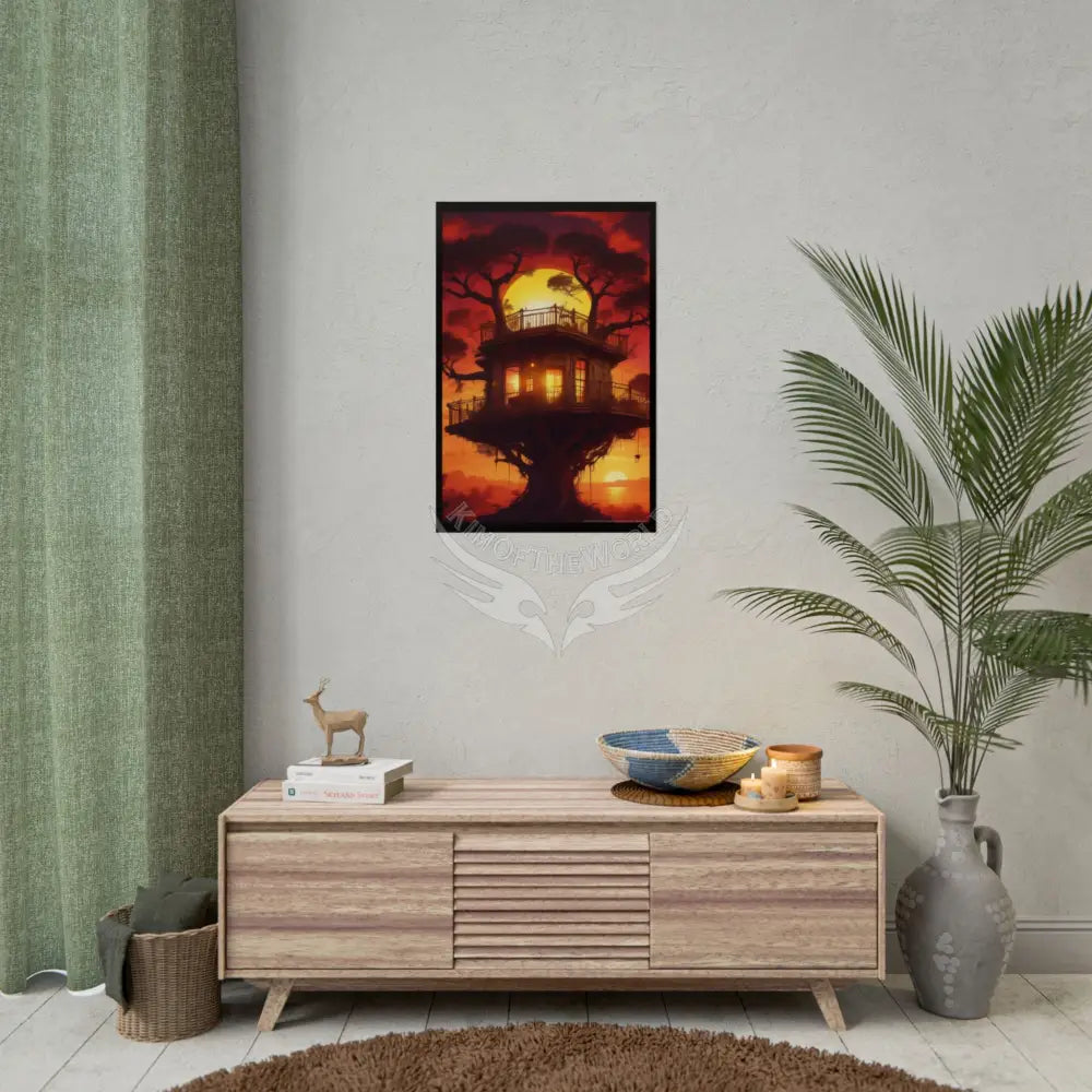 Funky Synthwave Sunset Tree House Rolled Poster — Cool Whimsical Treehouse Art Print Poster