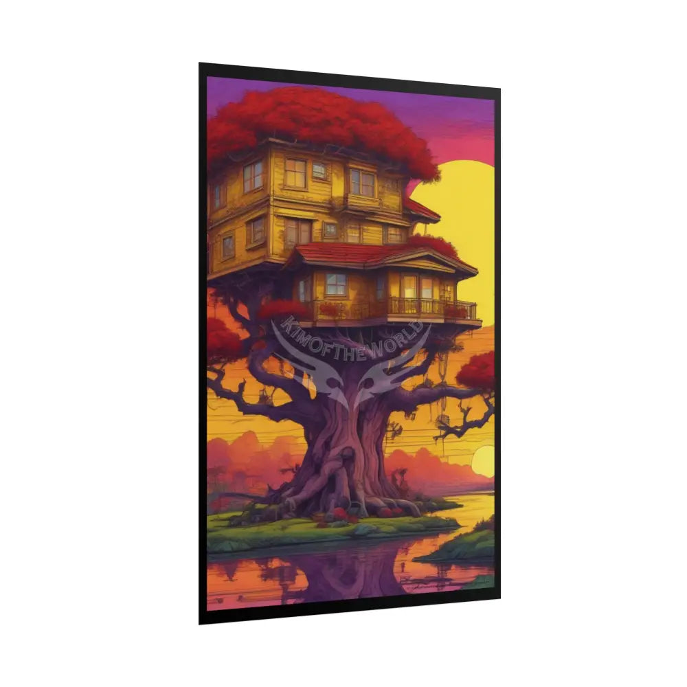 Funky Synthwave Sunset Tree House Rolled Poster — Cool Whimsical Treehouse Art Print Poster