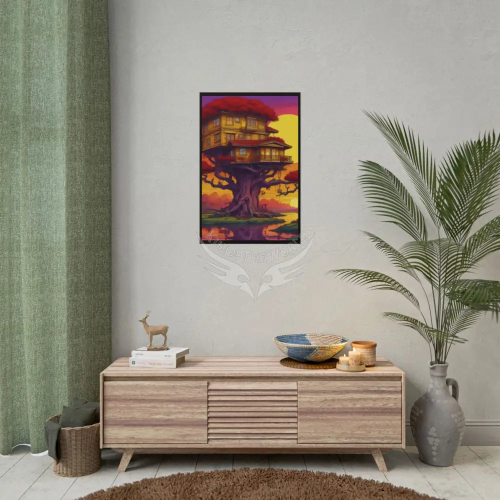 Funky Synthwave Sunset Tree House Rolled Poster — Cool Whimsical Treehouse Art Print Poster