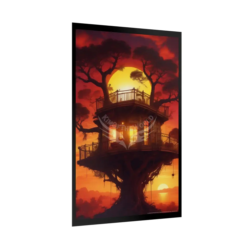 Funky Synthwave Sunset Tree House Rolled Poster — Cool Whimsical Treehouse Art Print Poster