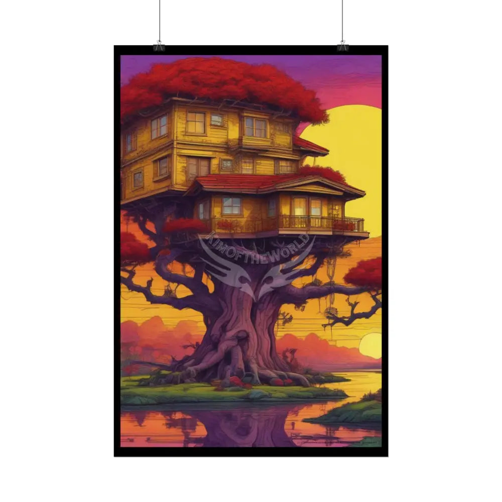 Funky Synthwave Sunset Tree House Rolled Poster — Cool Whimsical Treehouse Art Print Poster