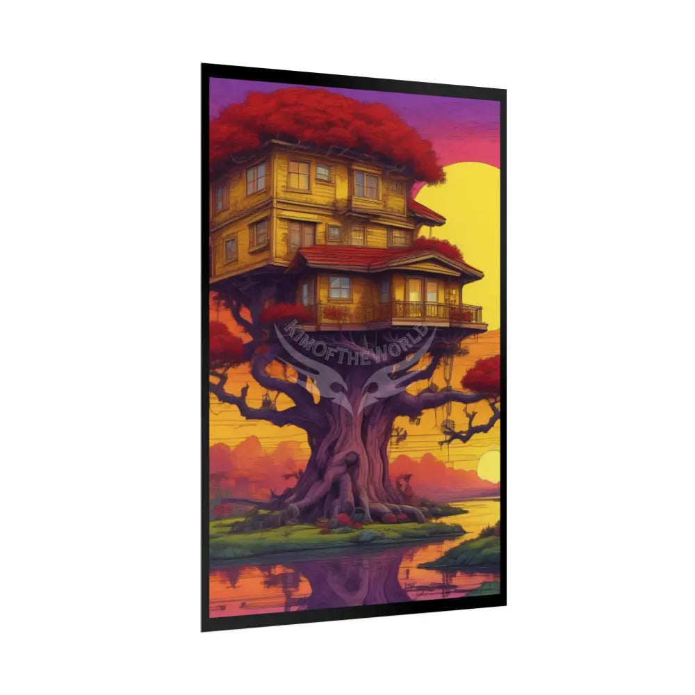 Funky Synthwave Sunset Tree House Rolled Poster — Cool Whimsical Treehouse Art Print Poster