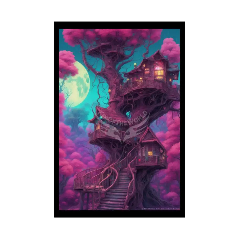 Funky Tree House Giant VaporwaveRolled Poster — Whimsical Treehouse Art Print 24’’ x 36’’ (Vertical) / Semi Glossy