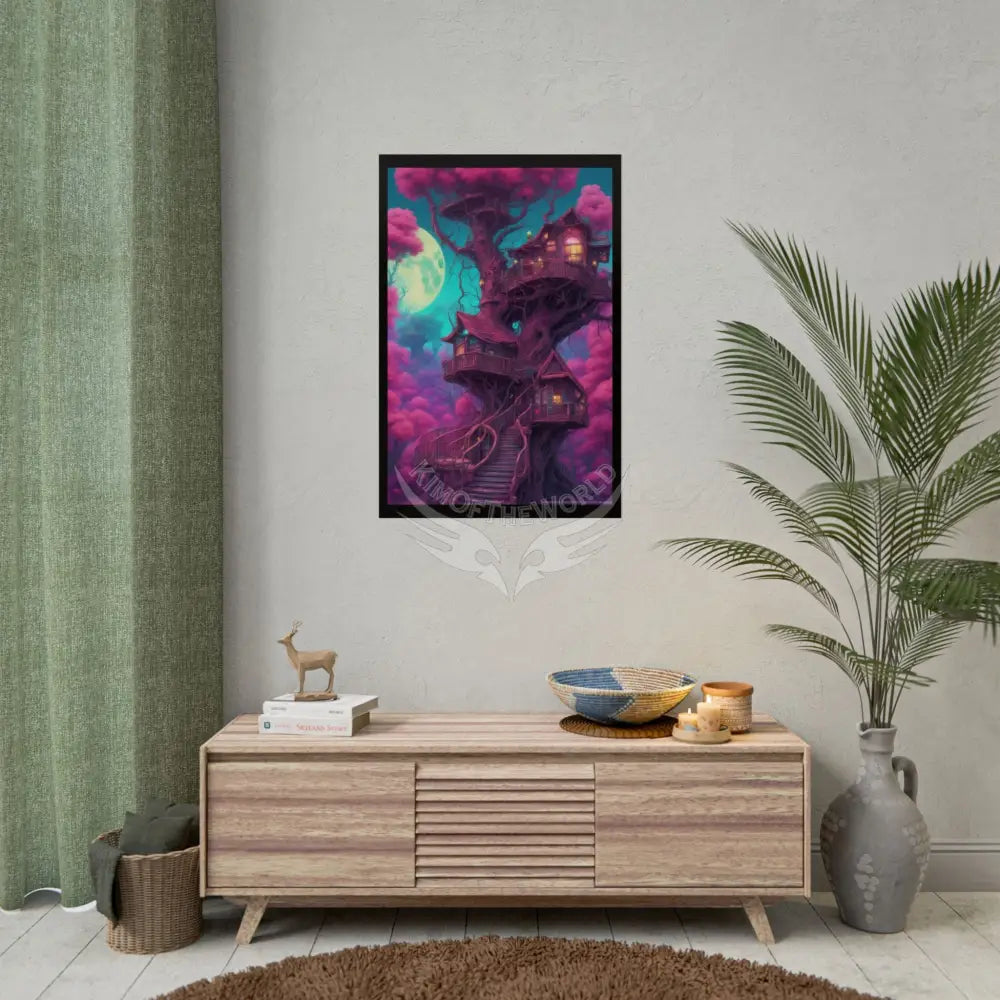 Funky Tree House Giant VaporwaveRolled Poster — Whimsical Treehouse Art Print Poster