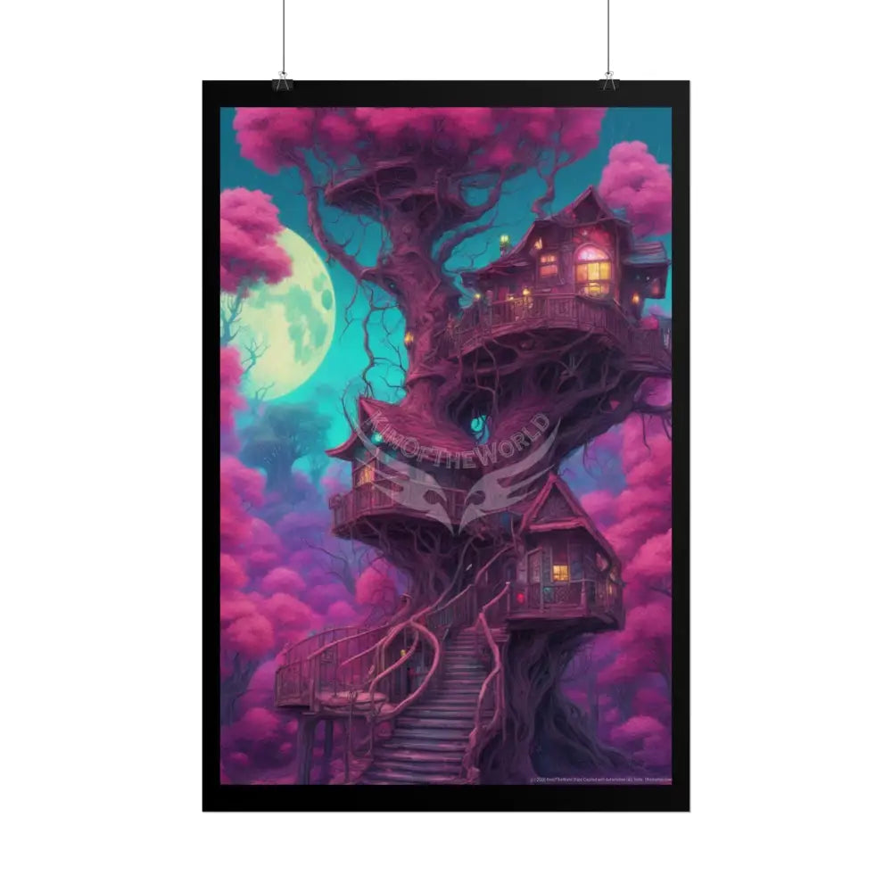 Funky Tree House Giant VaporwaveRolled Poster — Whimsical Treehouse Art Print Poster