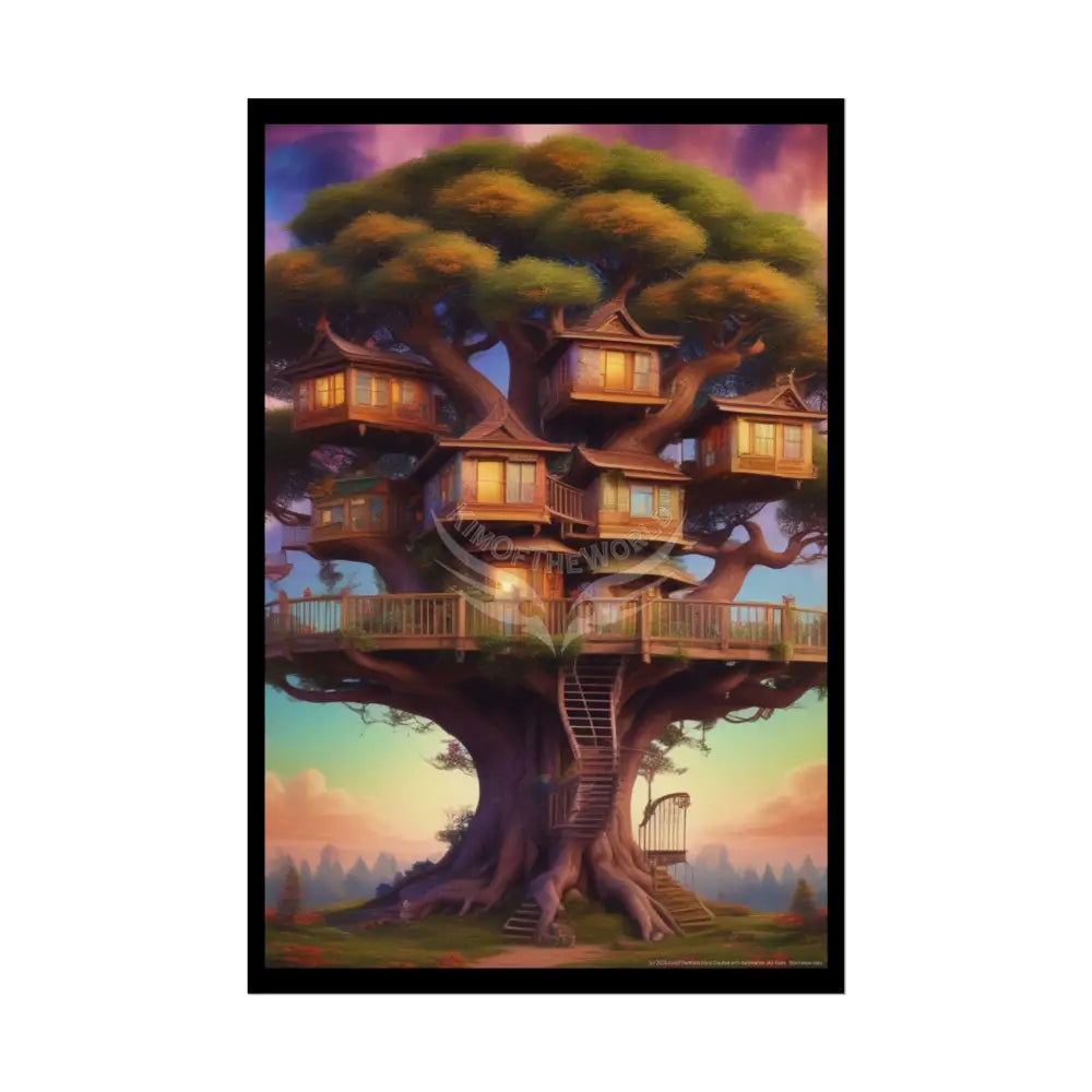 Funky Tree House Rolled Poster — Cool Whimsical Treehouse Art Print 24’’ x 36’’ (Vertical) / Semi Glossy Poster