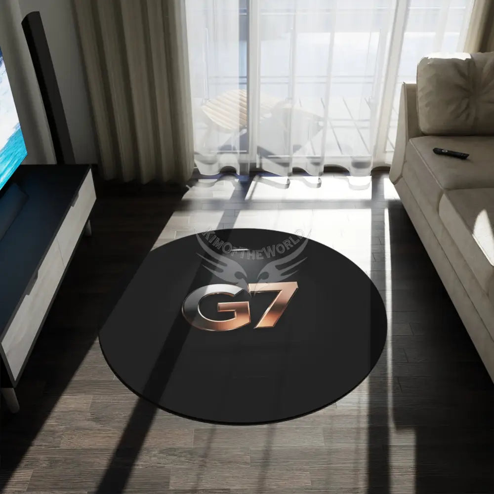 G7 Metallic Logo Round Rug – Minimalist Black Accent Mat 60’’ × 60’’ Home Decor