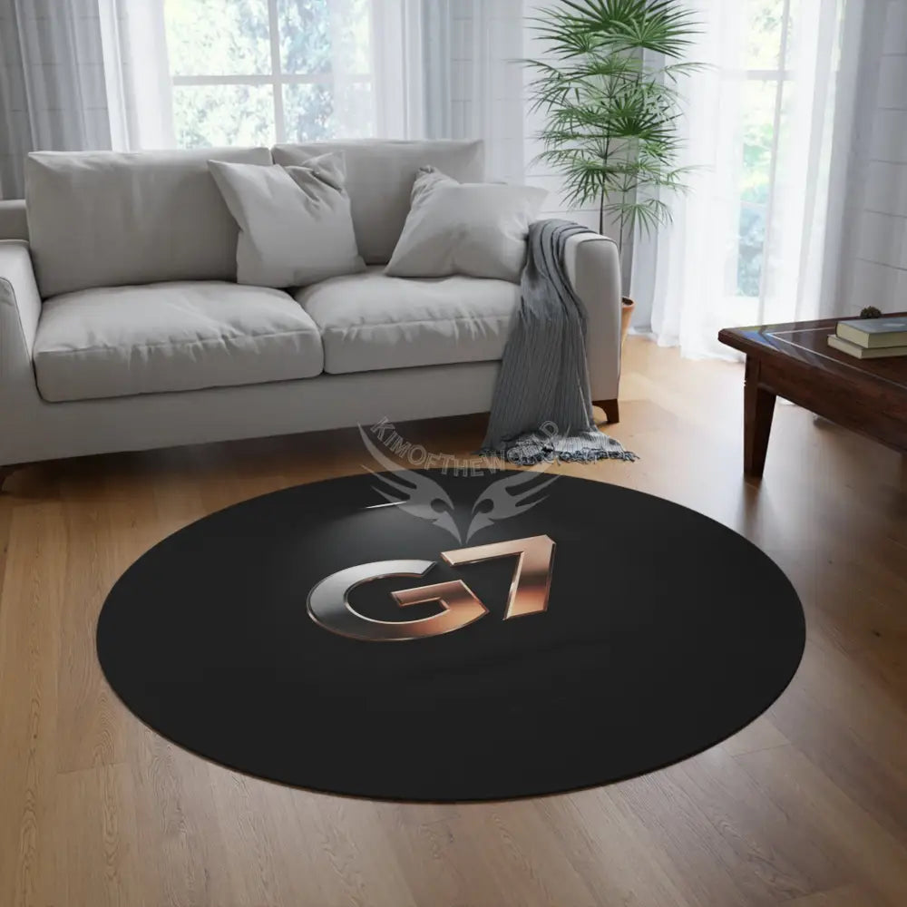 G7 Metallic Logo Round Rug – Minimalist Black Accent Mat 60’’ × 60’’ Home Decor