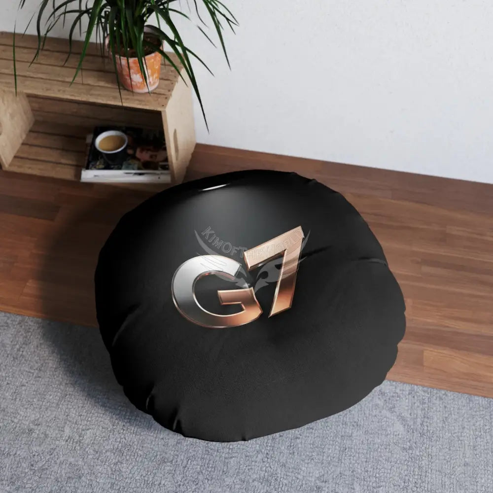 G7 Metallic Logo Round Tufted Floor Pillow — Modern Black Accent Cushion 30’’ × 30’’ Home Decor