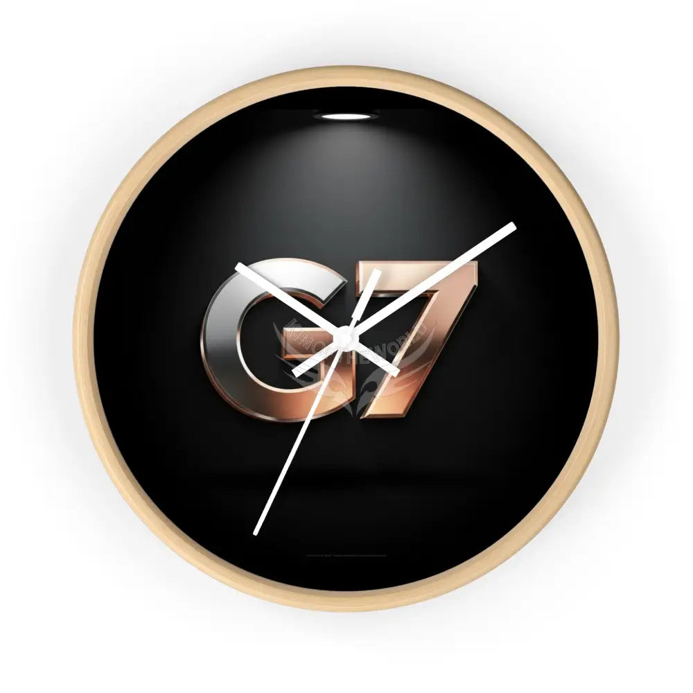 ’G7’’ Metallic Logo Wall Clock — Modern Black & Rose Gold Accent Wooden Base / White / 10’’ Home Decor
