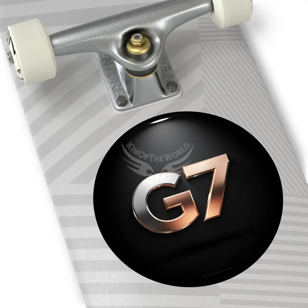 ’G7’’ Metallic Spotlight Logo Round Vinyl Sticker — Glossy Black Gold Emblem Paper products