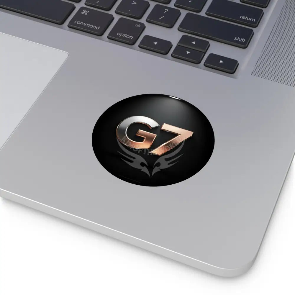 ’G7’’ Metallic Spotlight Logo Round Vinyl Sticker — Glossy Black Gold Emblem Paper products
