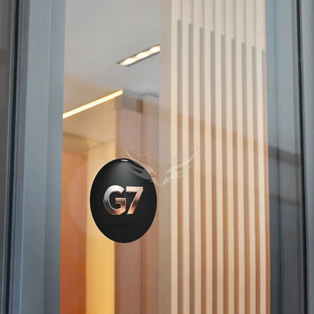’G7’’ Metallic Spotlight Logo Round Vinyl Sticker — Glossy Black Gold Emblem Paper products