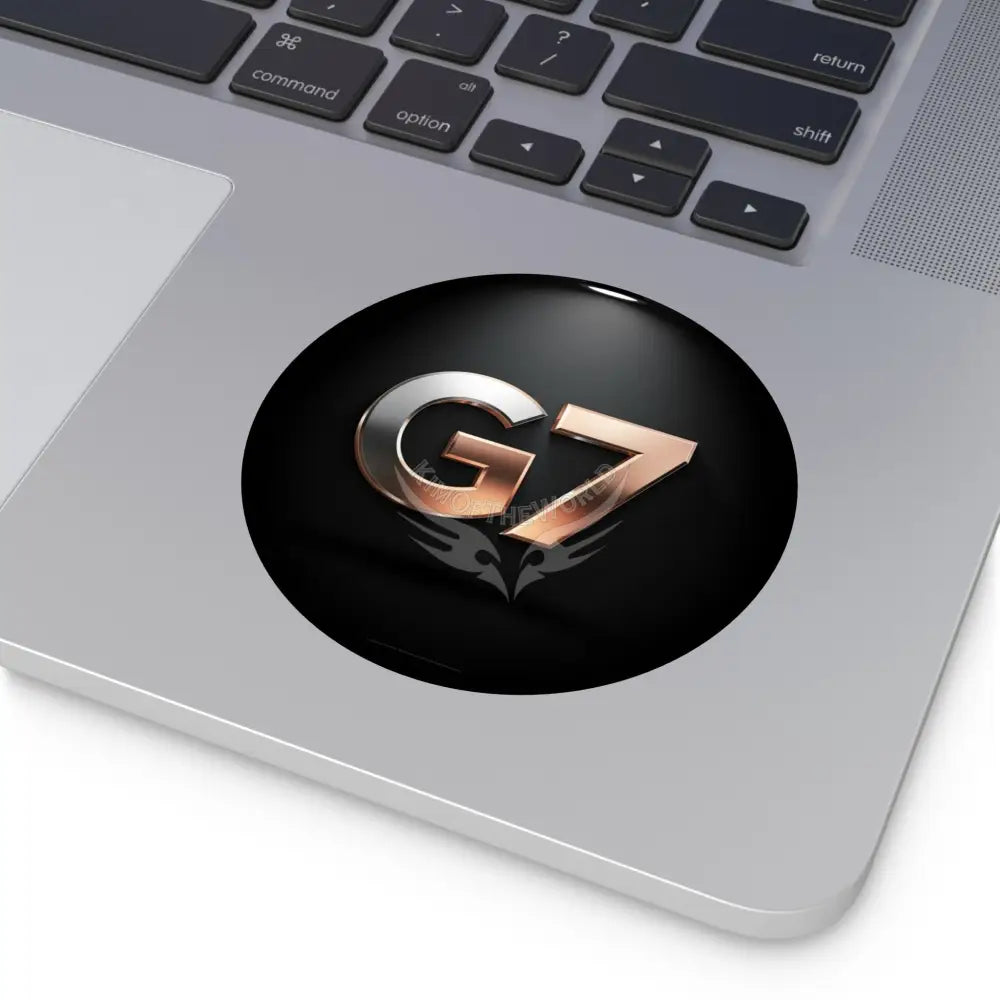 ’G7’’ Metallic Spotlight Logo Round Vinyl Sticker — Glossy Black Gold Emblem Paper products