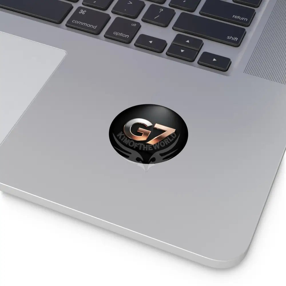 ’G7’’ Metallic Spotlight Logo Round Vinyl Sticker — Glossy Black Gold Emblem Paper products