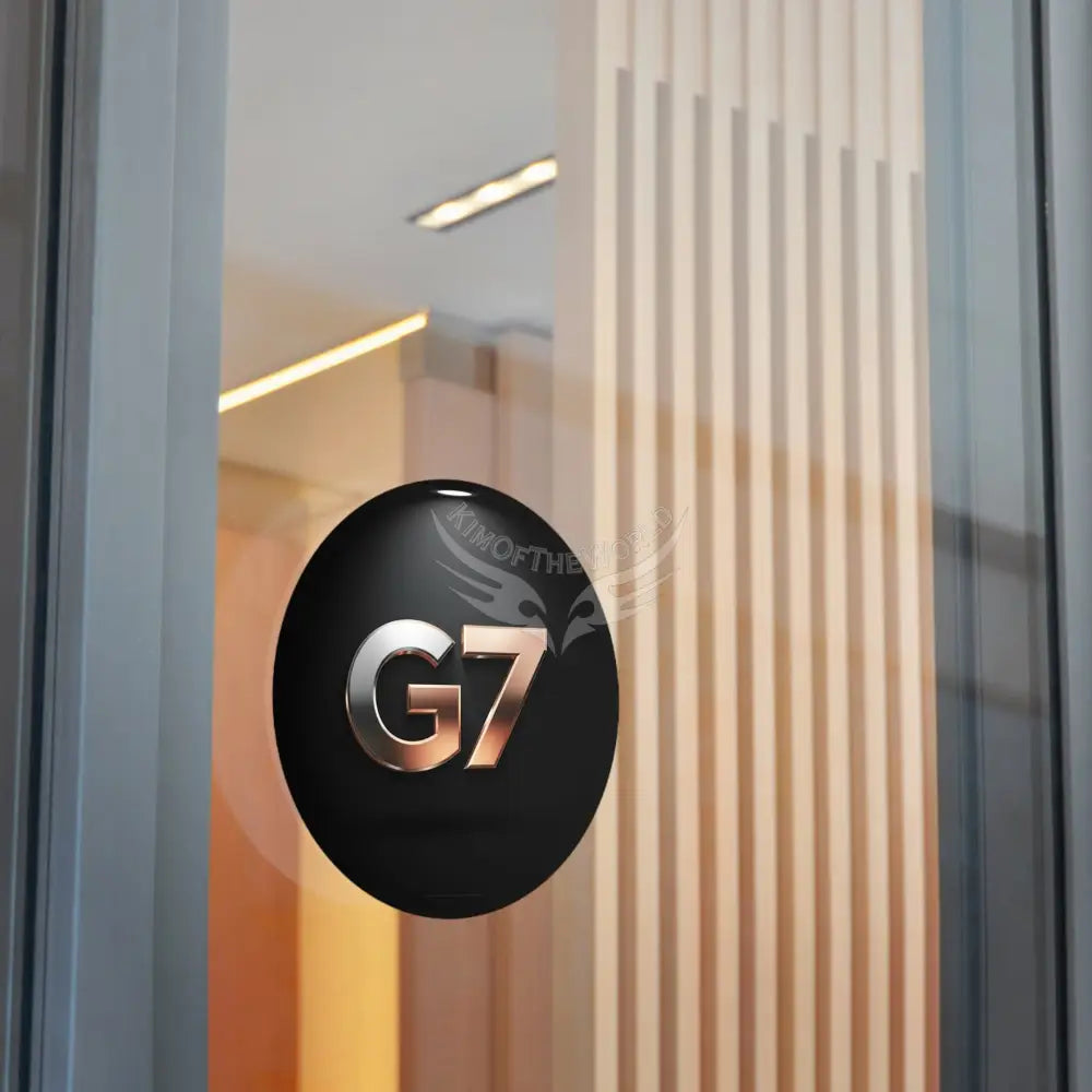 ’G7’’ Metallic Spotlight Logo Round Vinyl Sticker — Glossy Black Gold Emblem Paper products