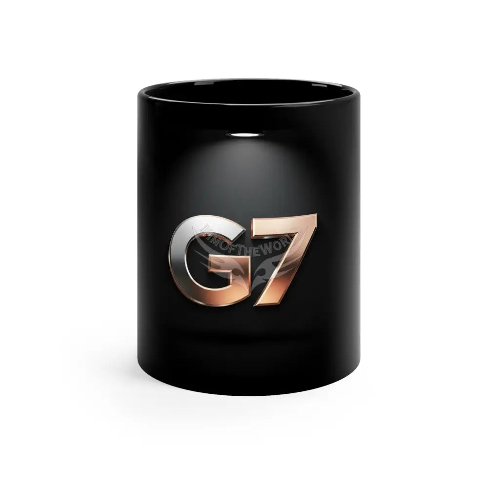 ’G7’’ Sharp Copper & Chrome with Spotlight Art Emporium Banner Nebula Coffee Mug — 11oz Black Ceramic Space Text Design