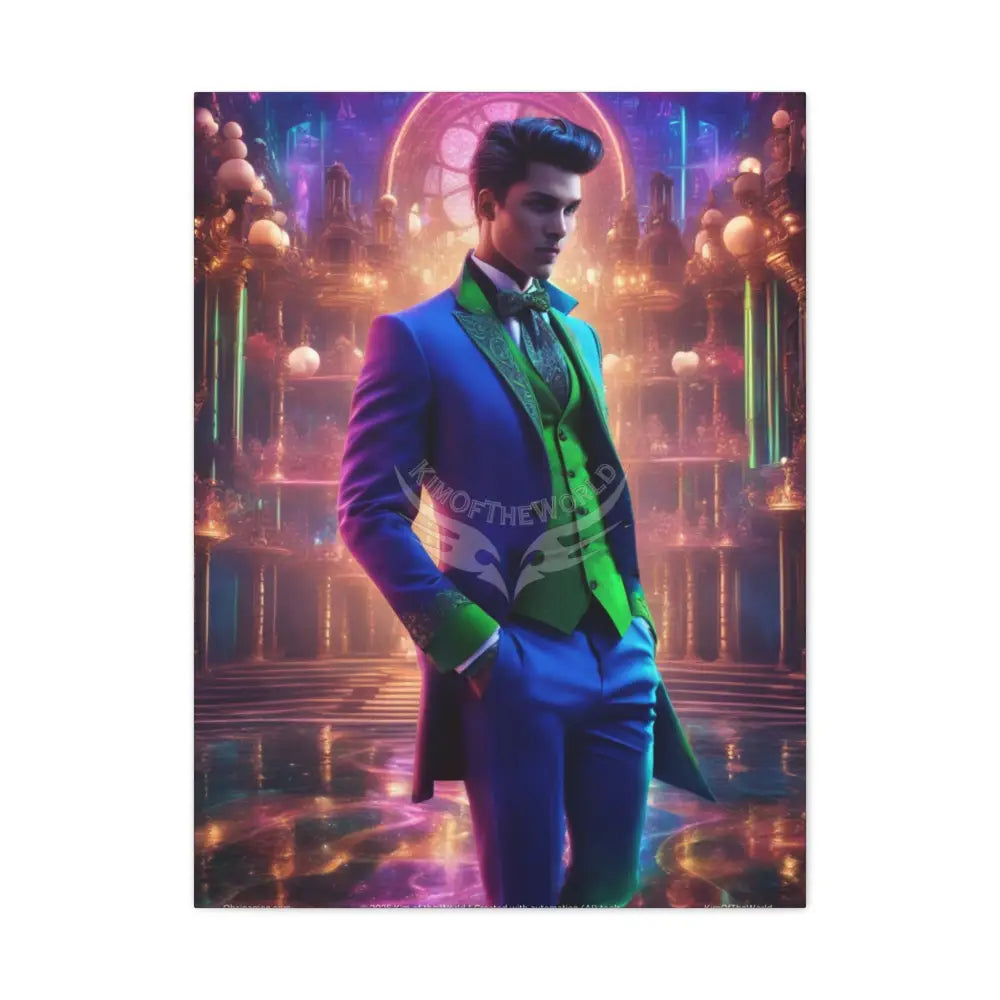 Gentleman Fashion Suit Blue & Green Man Matte Canvas Stretched 1.25’’ 24’’ x 32’’ (Vertical) / 1.25’’ Canvas
