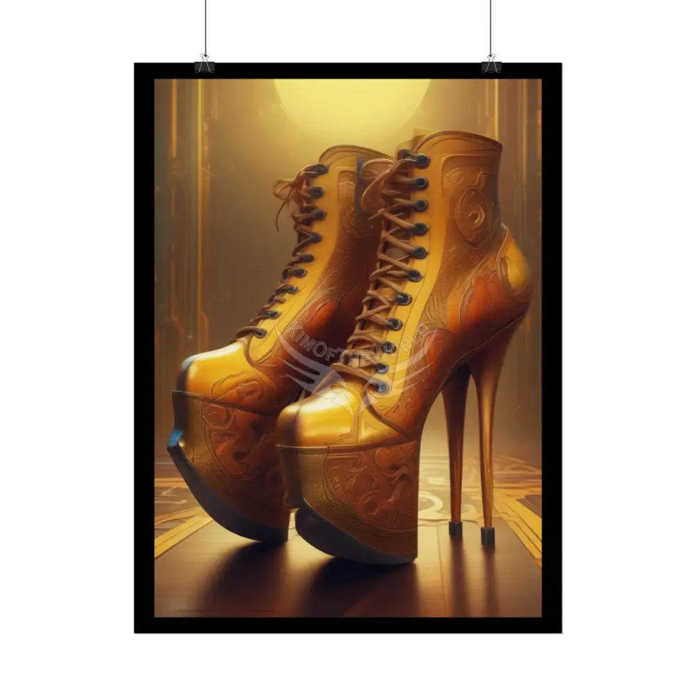 Giant Golden Steampunk High Heel Shoe - Clean Fetish Boot Feet Shoe High Heel Art Print Poster - Red Poster