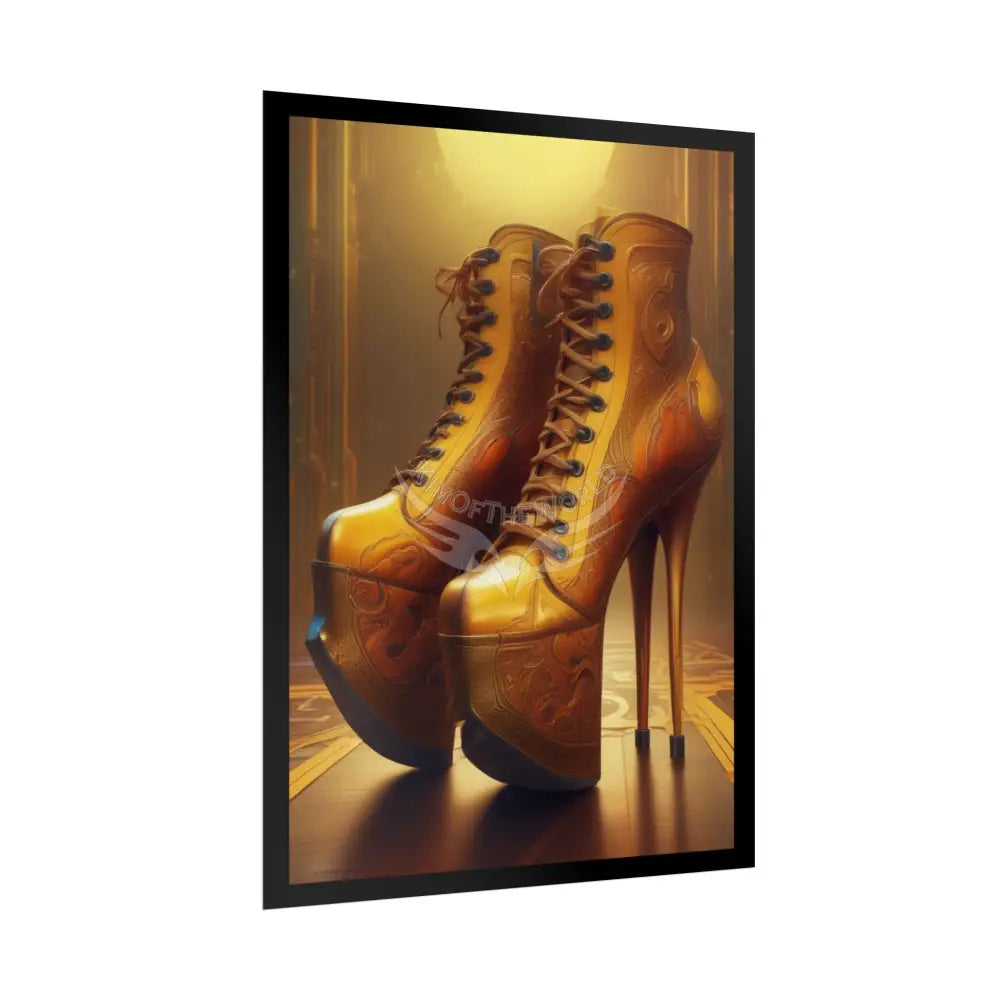 Giant Golden Steampunk High Heel Shoe - Clean Fetish Boot Feet Shoe High Heel Art Print Poster - Red Poster