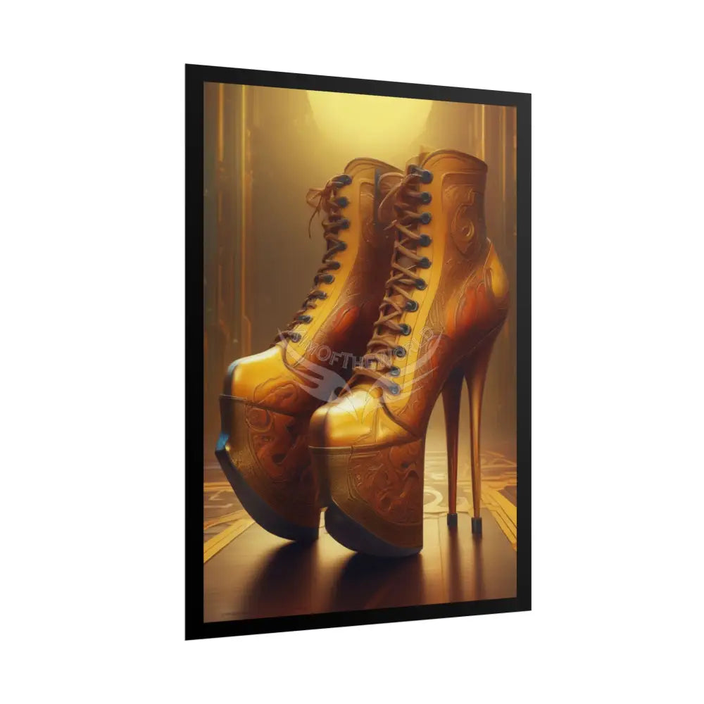 Giant Golden Steampunk High Heel Shoe - Clean Fetish Boot Feet Shoe High Heel Art Print Poster - Red Poster