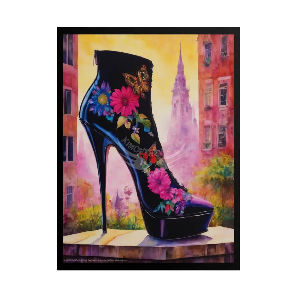 Giant High Heel Shoe - Floral Boot Feet Shoe High Heel Art Print Poster - Red 18″ x 24″ (Vertical) / Matte Poster