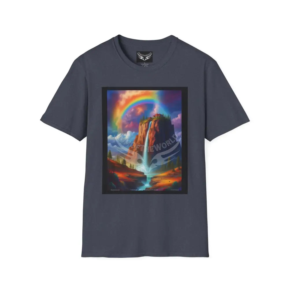 Giant Rainbow Waterfall Fantasy Landscape - Softstyle T-Shirt Heather Navy / XS T-Shirt