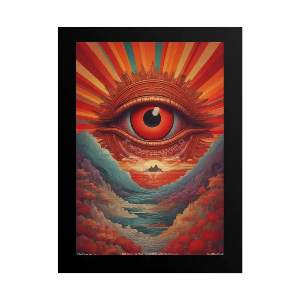 Giant Red Eye Retro Sun Wave Vibrant Folk Art Abstract Artwork for Colorful Hearts Rolled Poster 18″ x 24″ (Vertical)