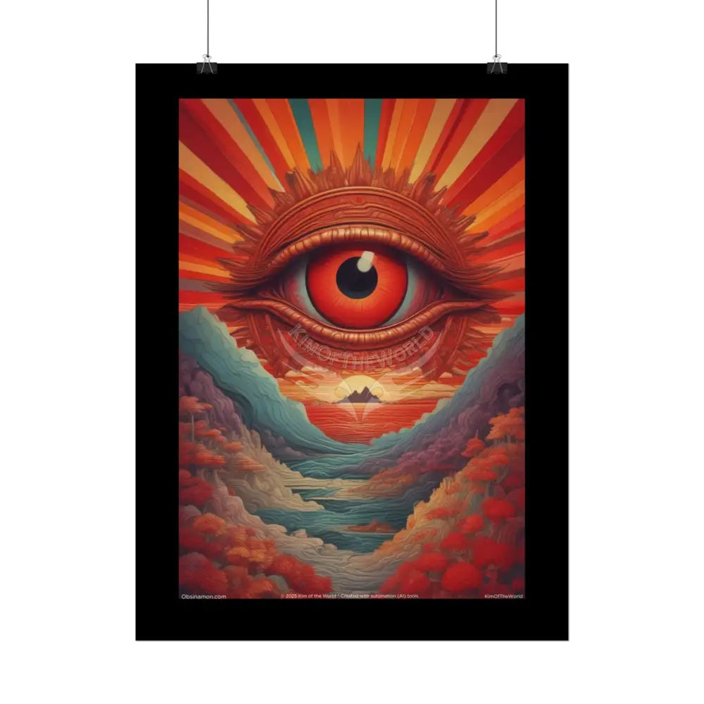 Giant Red Eye Retro Sun Wave Vibrant Folk Art Abstract Artwork for Colorful Hearts Rolled Poster Poster
