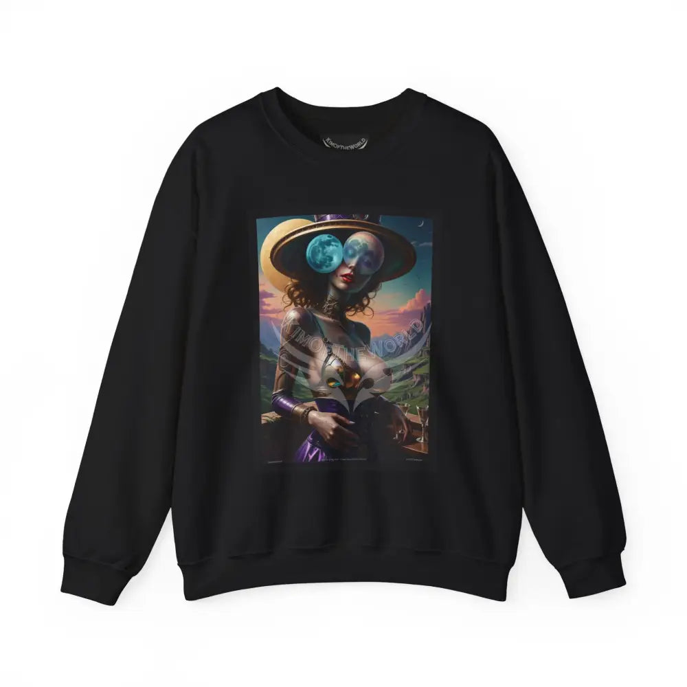 Giant Surreal Empowered Strange Moon Lady Fantasy Signature Design Sweatshirt — Tall Giantess Fetish Art Crewneck Black