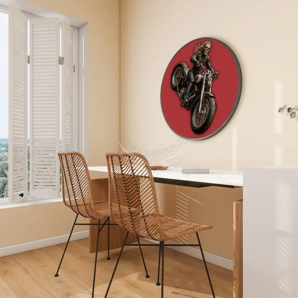 Goth Biker Chick on Scarlet - Large Round Framed Canvas Prints Wall Art 32’’ Wall Art