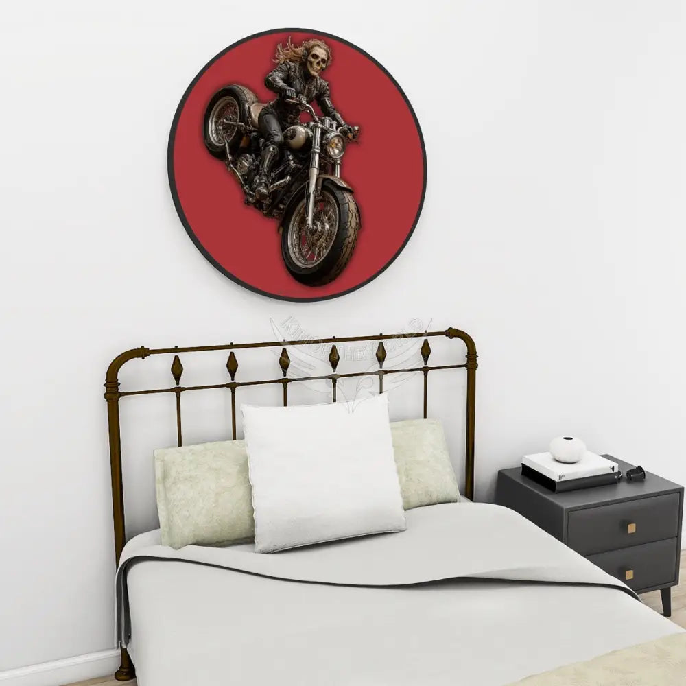 Goth Biker Chick on Scarlet - Large Round Framed Canvas Prints Wall Art 32’’ Wall Art