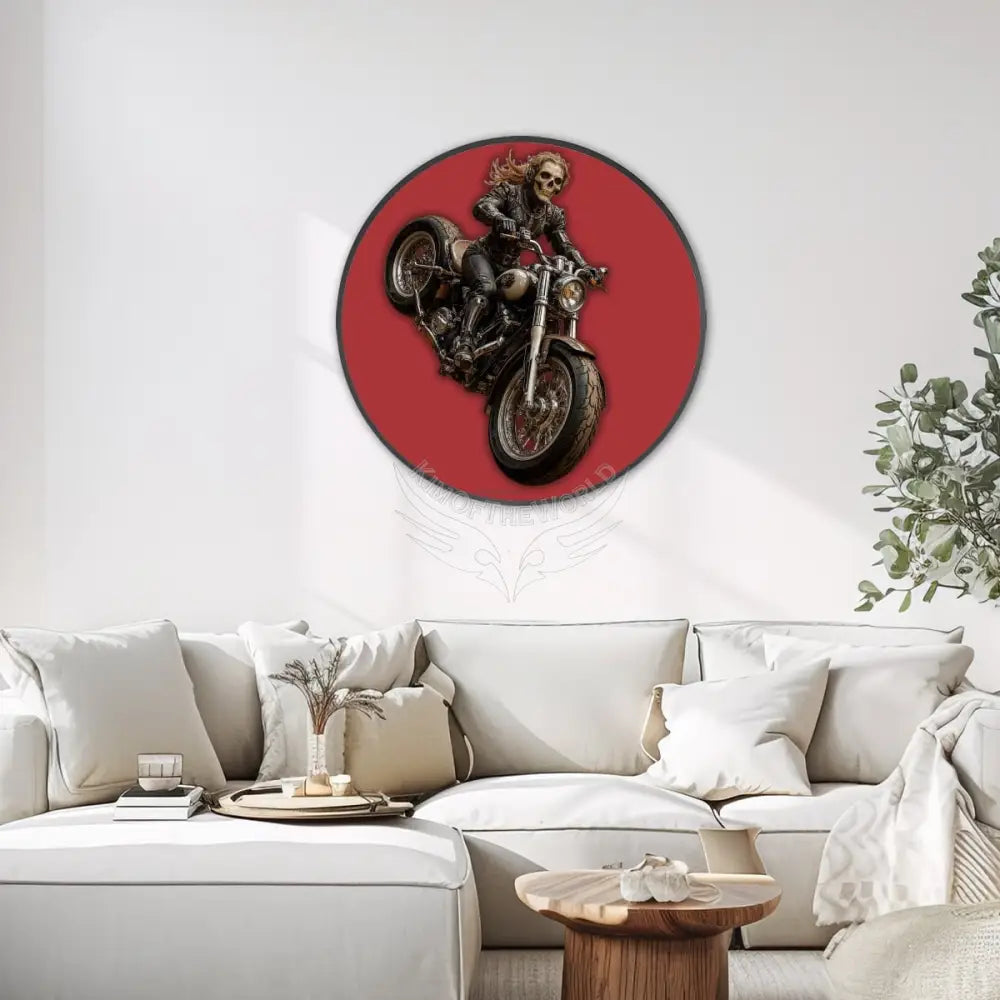 Goth Biker Chick on Scarlet - Large Round Framed Canvas Prints Wall Art 32’’ Wall Art