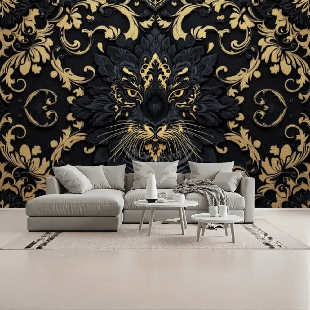 Gothc Black and Yellow Gold Fancy Jag Cat Unpasted Mural Wallpaper 144’’x100’’ - 144’’x100’’ - Wall Coverings