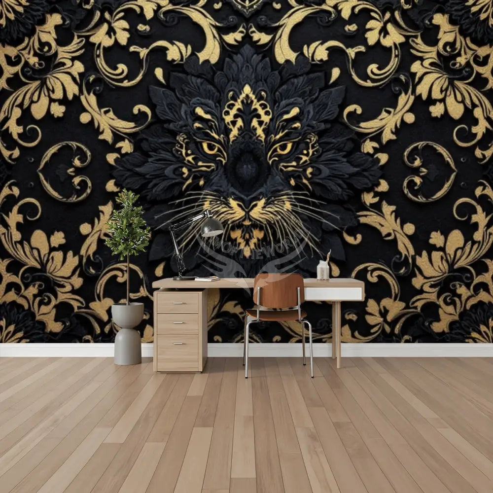 Gothc Black and Yellow Gold Fancy Jag Cat Unpasted Mural Wallpaper 144’’x100’’ - 144’’x100’’ - Wall Coverings