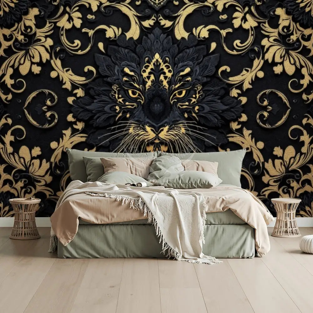 Gothc Black and Yellow Gold Fancy Jag Cat Unpasted Mural Wallpaper 144’’x100’’ - 144’’x100’’ - Wall Coverings