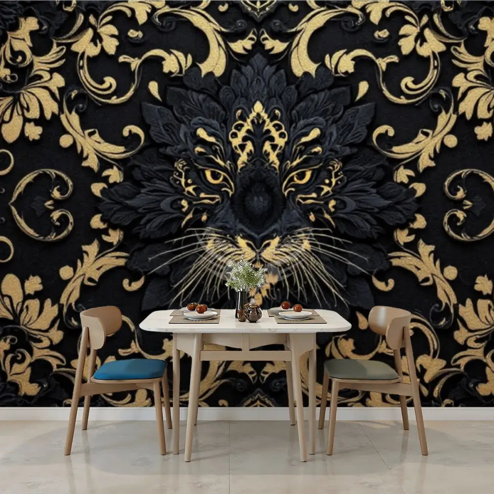 Gothc Black and Yellow Gold Fancy Jag Cat Unpasted Mural Wallpaper 144’’x100’’ - 144’’x100’’ - Wall Coverings