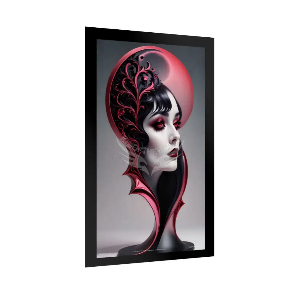 Gothic Black Lace 3D Moon Weird Surreal Portrait Black & Red Satin 3D Moon Art Poster — Black & Red Fashion Bedroom