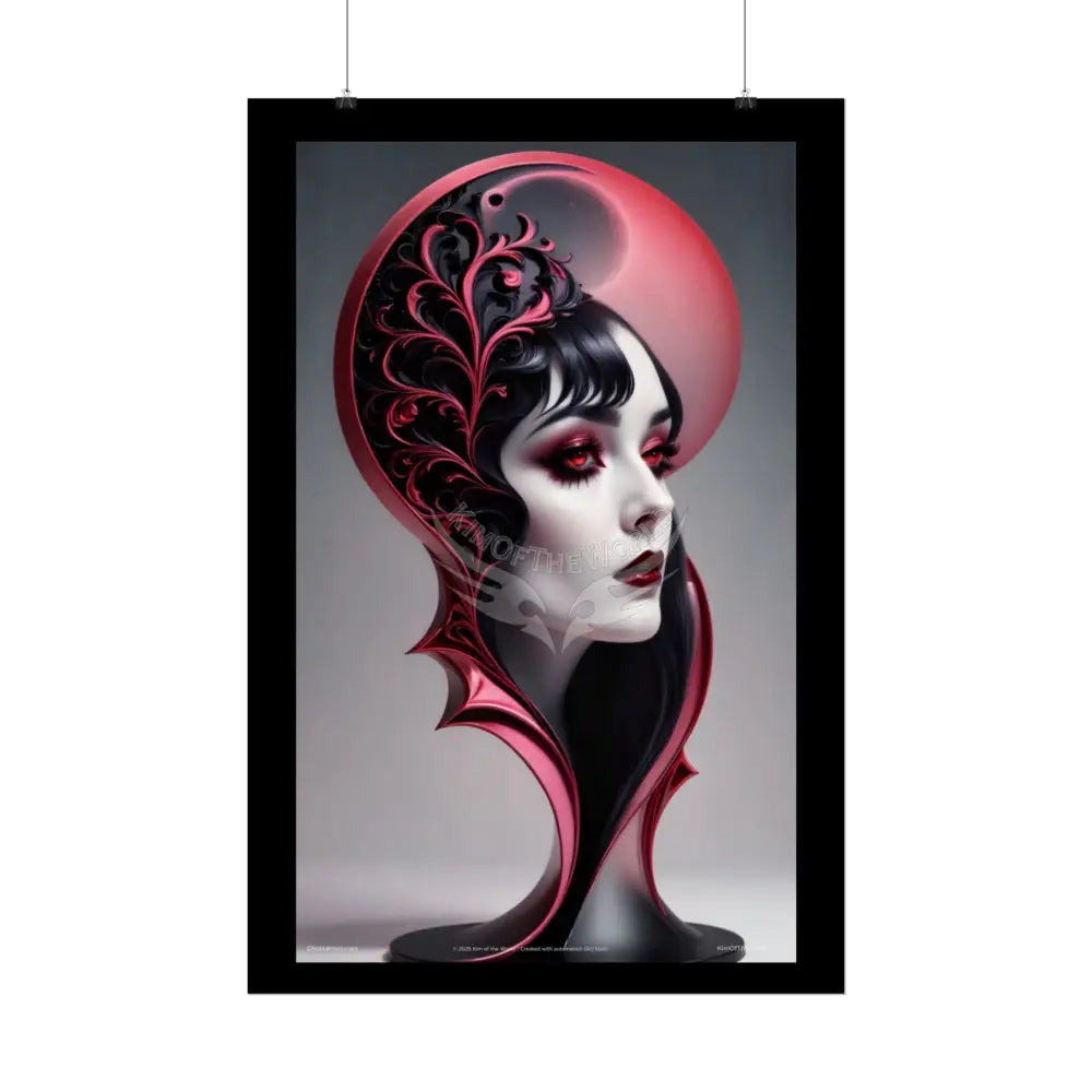 Gothic Black Lace 3D Moon Weird Surreal Portrait Black & Red Satin 3D Moon Art Poster — Black & Red Fashion Bedroom
