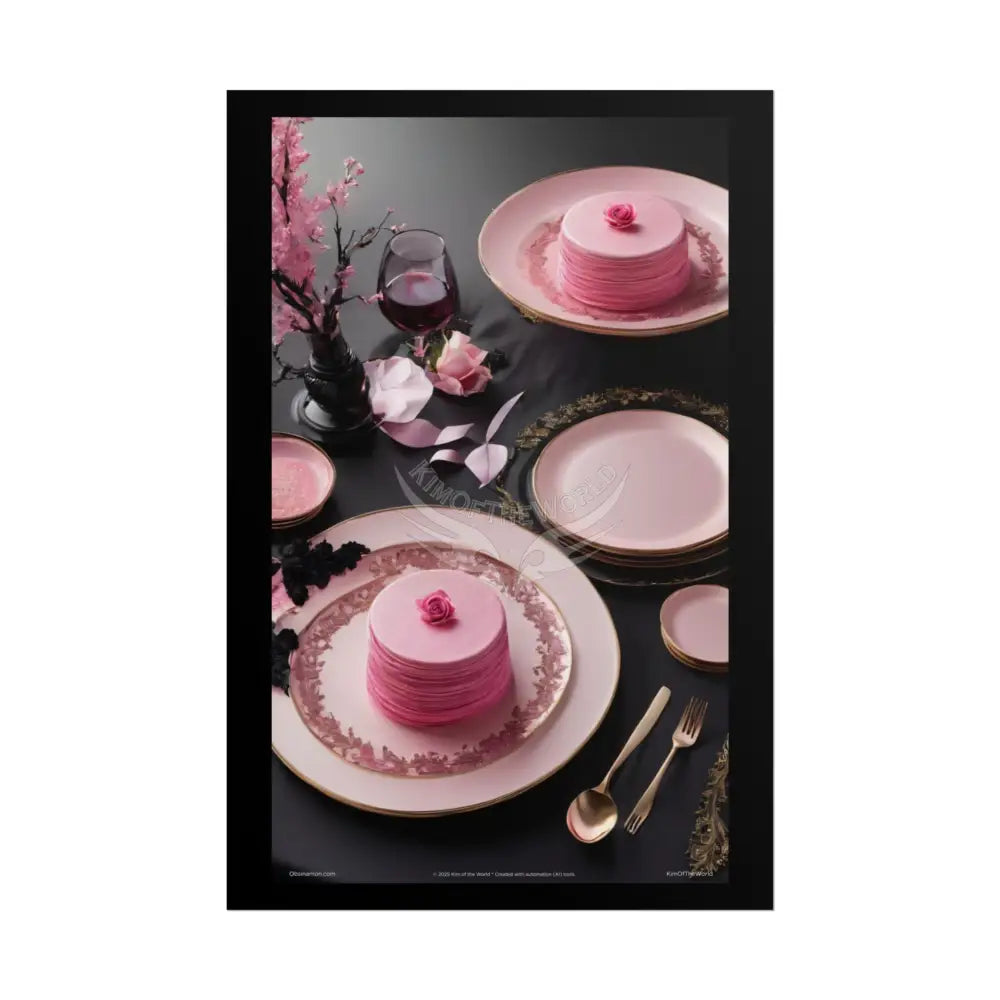 Gothic Culinary Art Poster — Dusty Pink & Black Satin Kitchen Fine Dining Restaurant Bistro Dessert Print 24’’ x 36’’