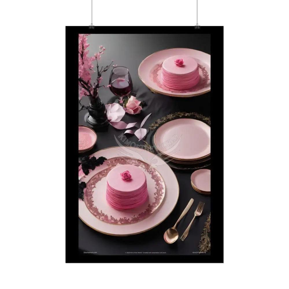 Gothic Culinary Art Poster — Dusty Pink & Black Satin Kitchen Fine Dining Restaurant Bistro Dessert Print Poster
