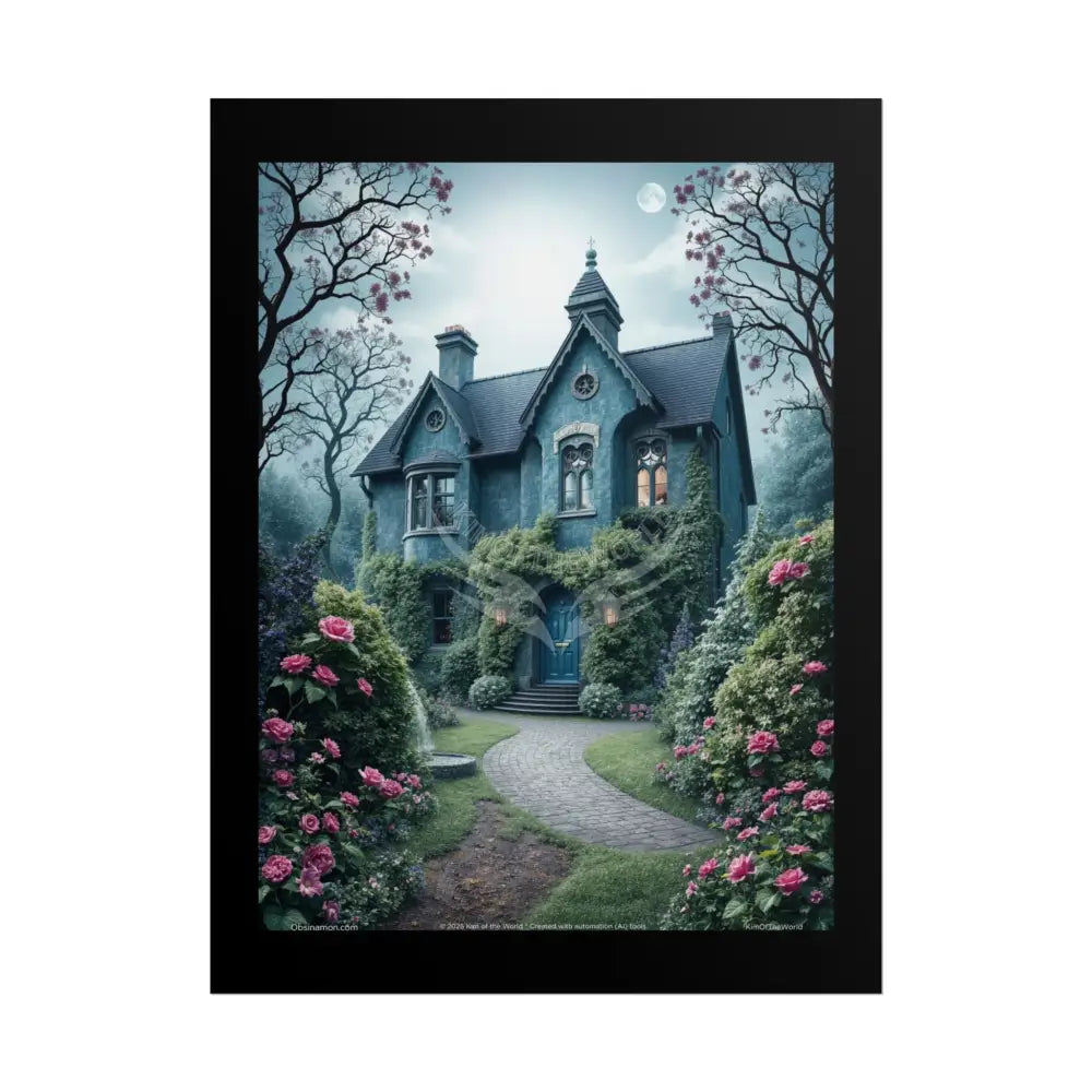 Gothic Denim Blue Tudor Cottage Art Print (Ombre Sunset Floral Gardens) Yellow - Rolled Poster 18″ x 24″ (Vertical)