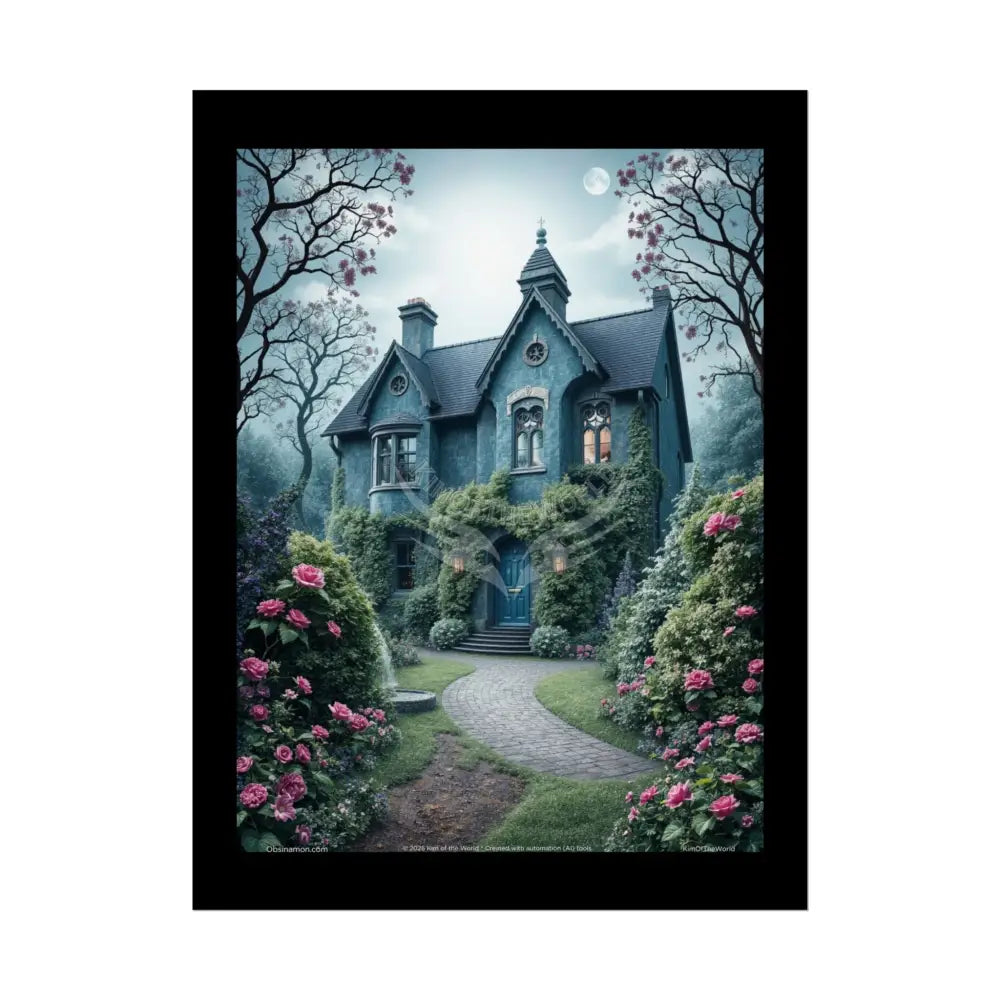 Gothic Denim Blue Tudor Cottage Art Print (Ombre Sunset Floral Gardens) Yellow - Rolled Poster 18″ x 24″ (Vertical)